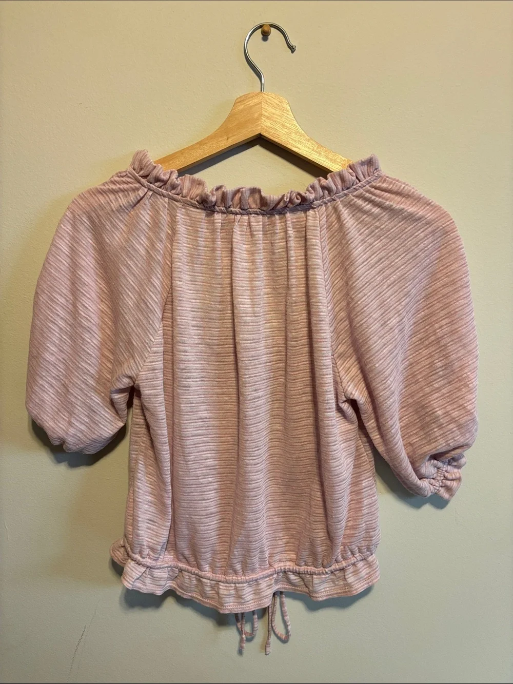 ✨Free People Pink Stripe Dorothy Puff Sleeve Crop Top Ruffle Drawstring Size Sm